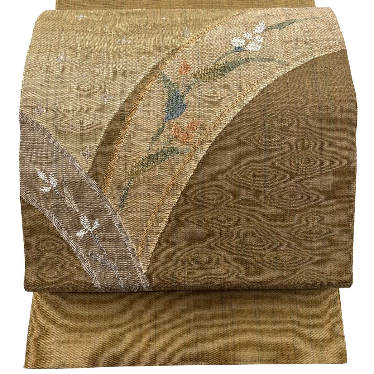 袋帯 秀品 紬地 草花 黄土色 お太鼓柄 正絹｜中古・古着・リサイクル