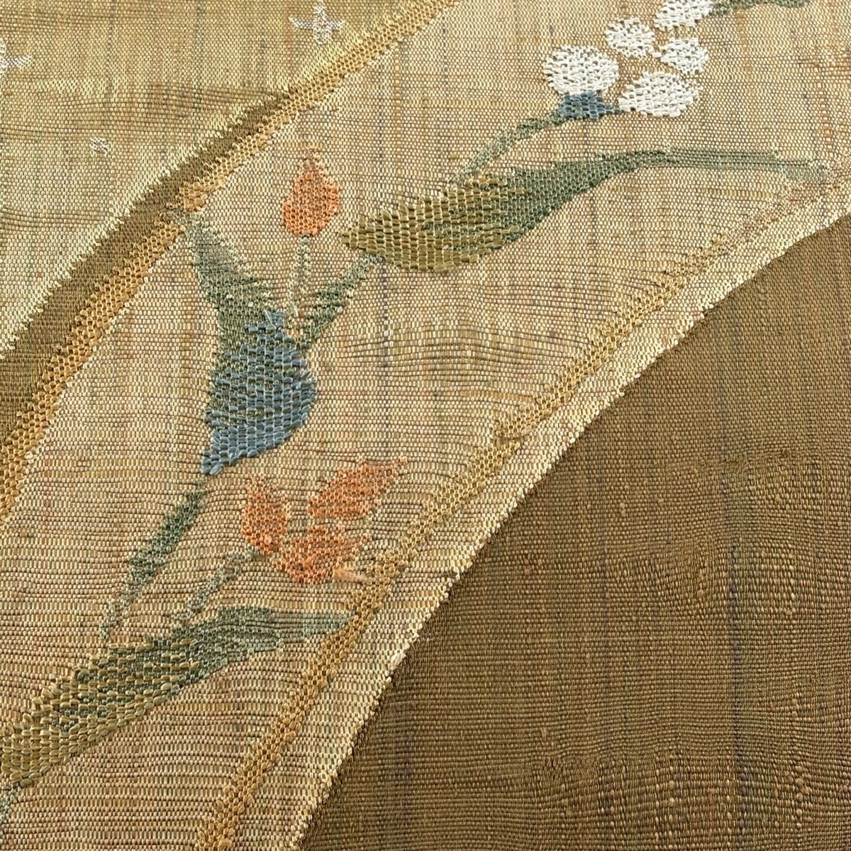 袋帯 秀品 紬地 草花 黄土色 お太鼓柄 正絹｜中古・古着・リサイクル