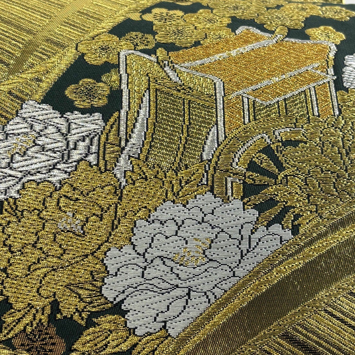 美品】 袋帯 秀品 御所車 牡丹 金銀糸 箔 深緑 六通 正絹｜中古・古着