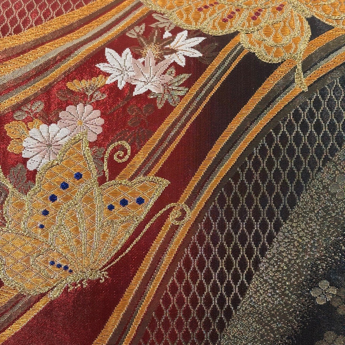 袋帯  赤茶色  竹林  金糸  箔  六通 袋帯 秀品 松梅 桐 金銀糸 箔 えんじ色 六通 正絹｜中古・古着