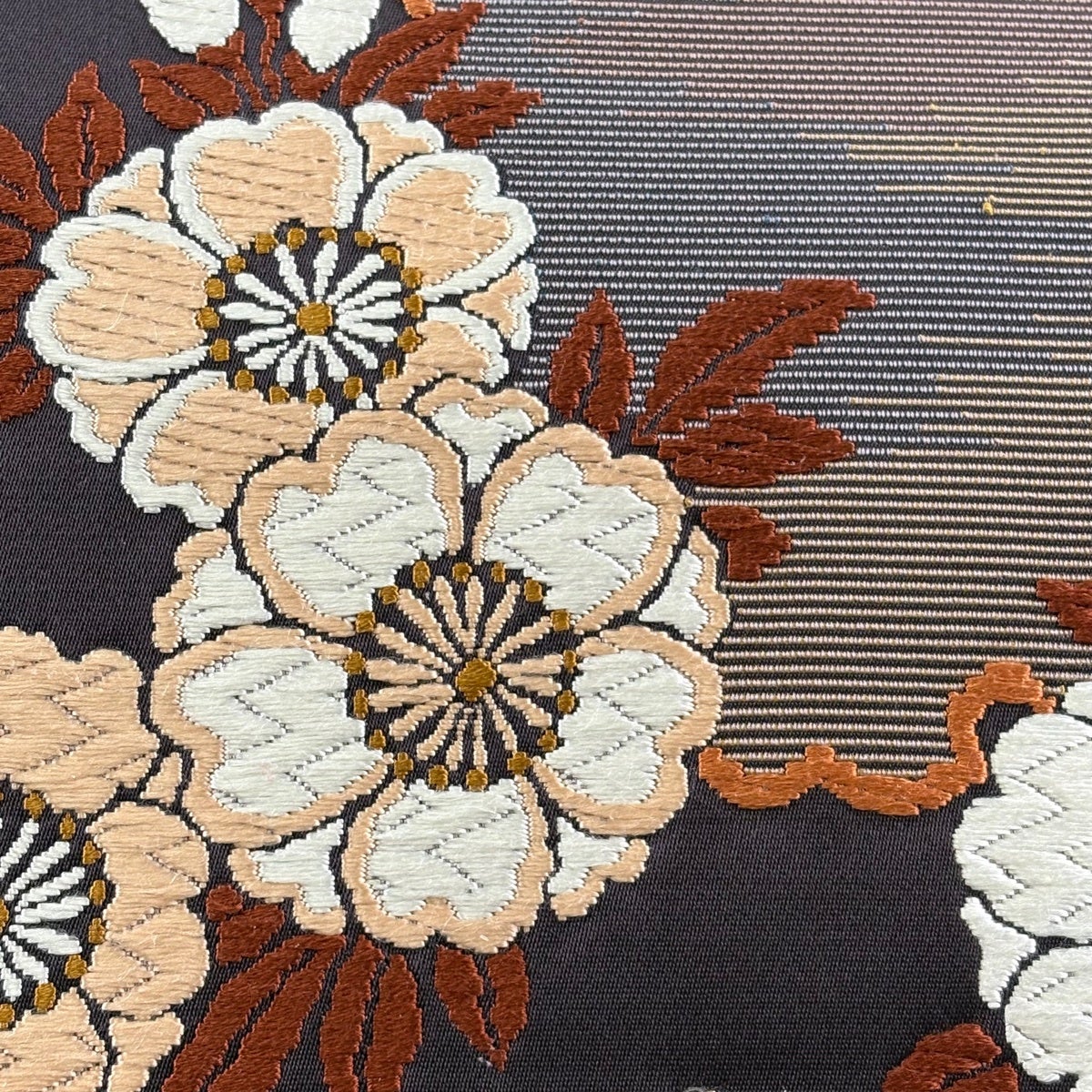 美品】 袋帯 秀品 雪輪桜散らし 刺繍 濃紫 六通 正絹｜中古・古着