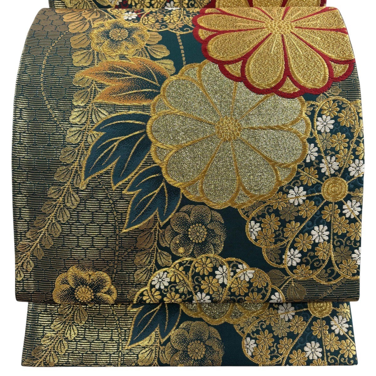 美品】 袋帯 秀品 菊 梅 金糸 刺繍 深緑 六通 正絹｜中古・古着