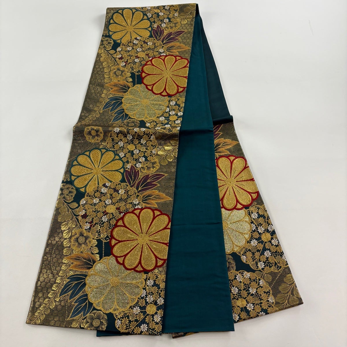 美品】 袋帯 秀品 菊 梅 金糸 刺繍 深緑 六通 正絹｜中古・古着