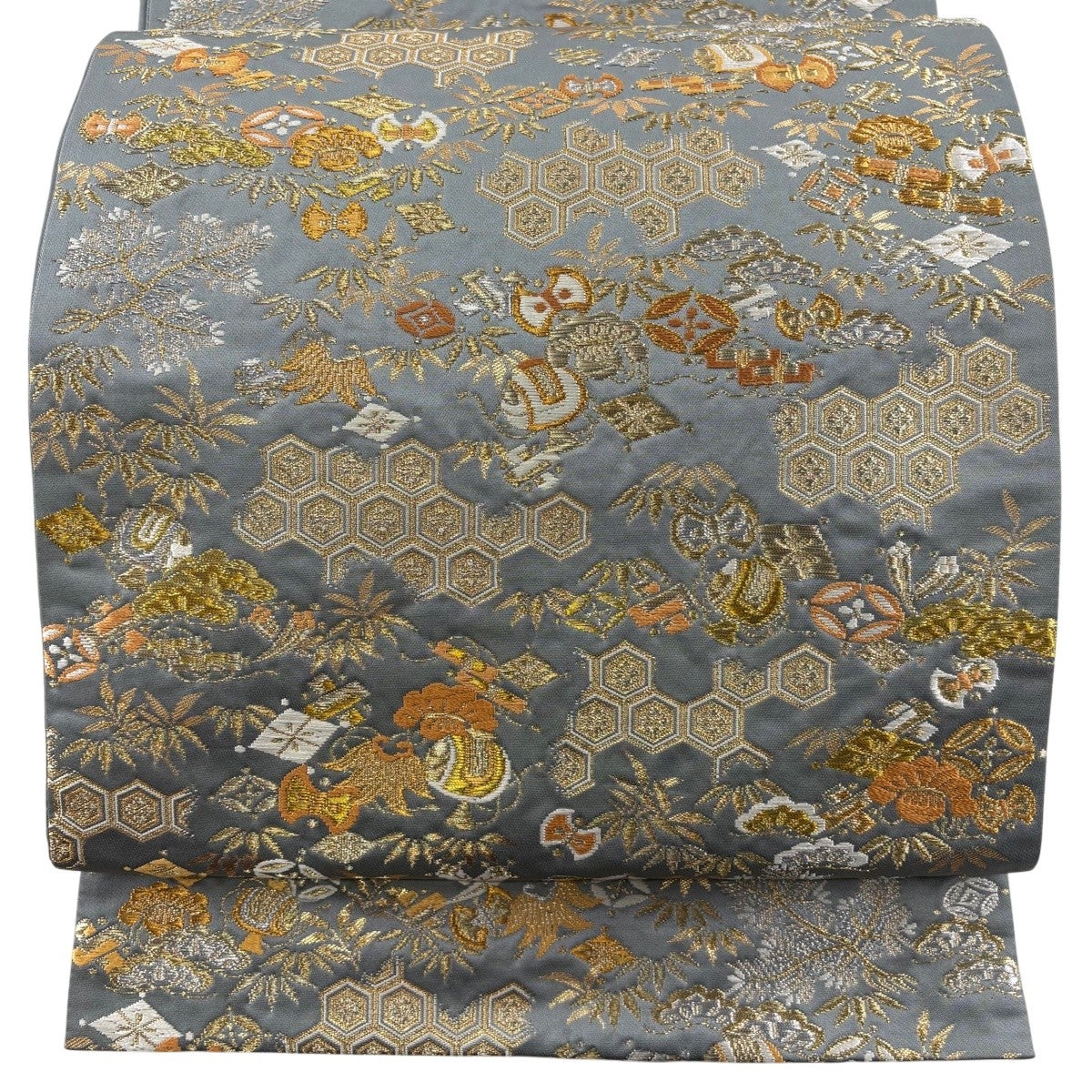 美品】 袋帯 秀品 宝尽くし 有職文様 金銀糸 箔 灰色 六通 正絹｜中古