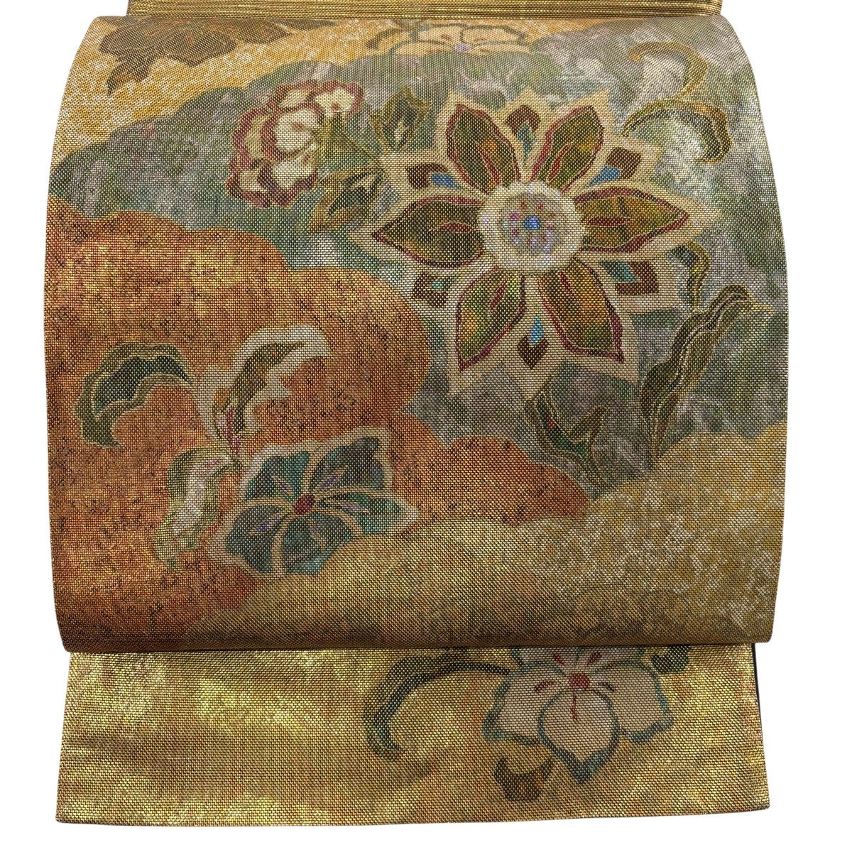 袋帯 秀品 草花 箔 螺鈿箔 金色 お太鼓柄 正絹｜中古・古着