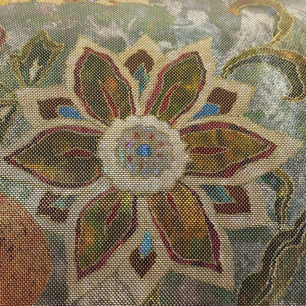 袋帯　正絹　お太鼓柄　じゅらく黄金繭 袋帯 秀品 草花 箔 螺鈿箔 金色 お太鼓柄 正絹｜中古・古着