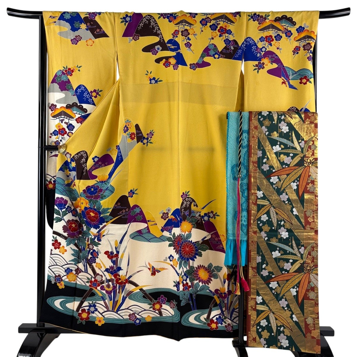 小紋 着物 中古 正絹 袷 カジュアル 絞り染め 花鳥文様 黄系色 多色 身丈165.5cm 裄66.5cm L トール きもの北條 A1330-2 美品】 振袖 身丈160cm 裄丈67cm M 袷 袋帯フルセット 牡丹 鳥