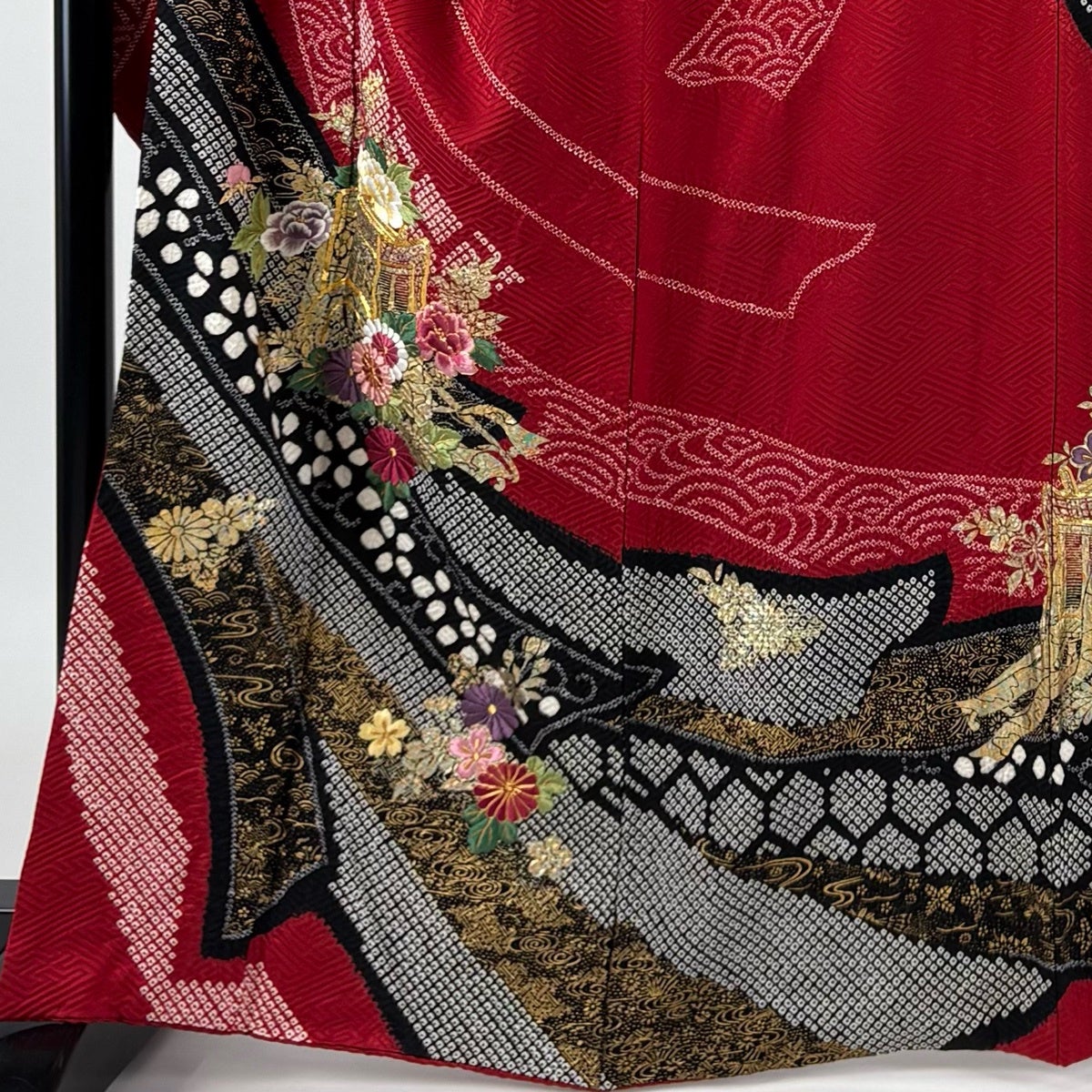 美品】 振袖 身丈165cm 裄丈66cm M 袷 袋帯フルセット 御所車 菊 刺繍