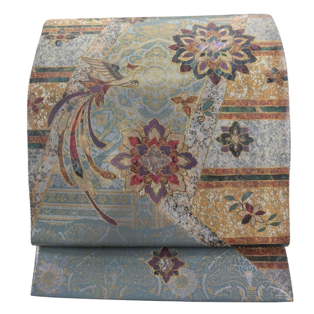 最終価格】 70%OFF 【美品】 袋帯 名品 華文 尾長鶏 螺鈿 箔 灰緑