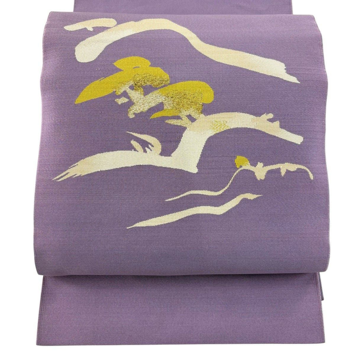 美品】 名古屋帯 秀品 松葉仕立て 八寸名古屋帯 幾何学 縞 金糸 薄紫