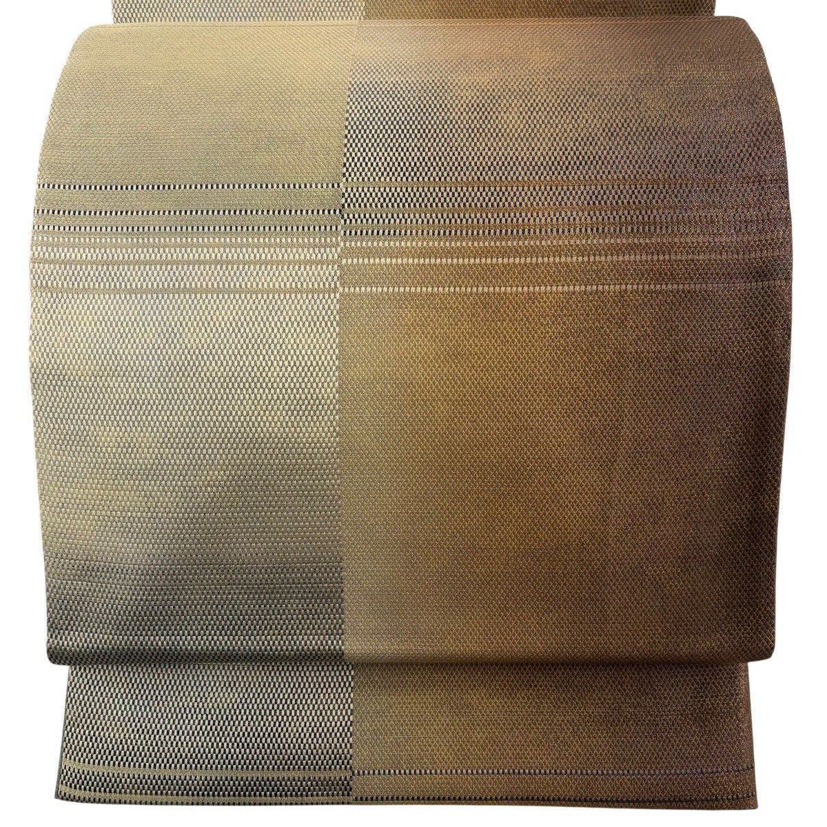 美品】 袋帯 秀品 市松 金糸 薄茶色 全通 正絹｜中古・古着