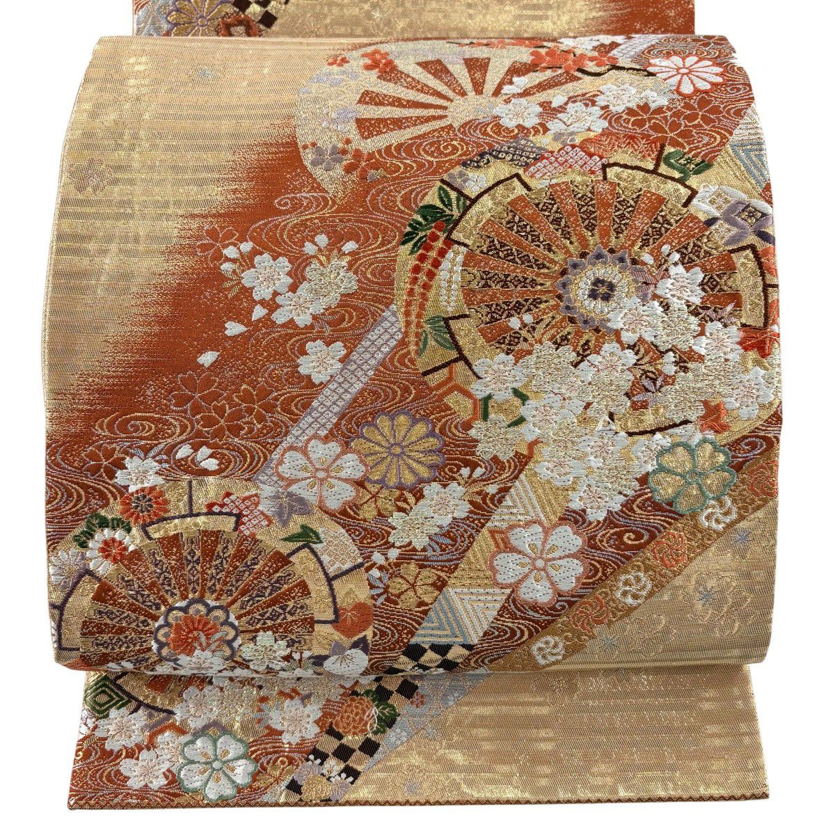 美品】 袋帯 秀品 彩美錦 源氏車 梅 金糸 箔 赤 六通 正絹｜中古・古着