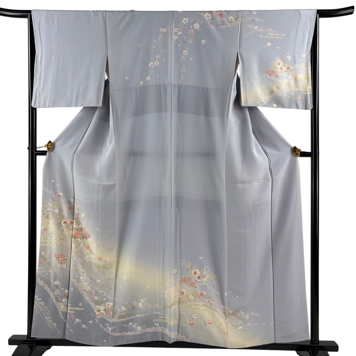 美品】 訪問着 身丈161cm 裄丈64cm M 袷 草花 花唐草 刺繍 ぼかし 灰色