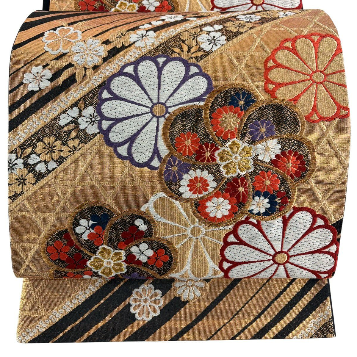 美品】 袋帯 秀品 四季彩華 華文 籠目 金銀糸 箔 金色 六通 正絹｜中古