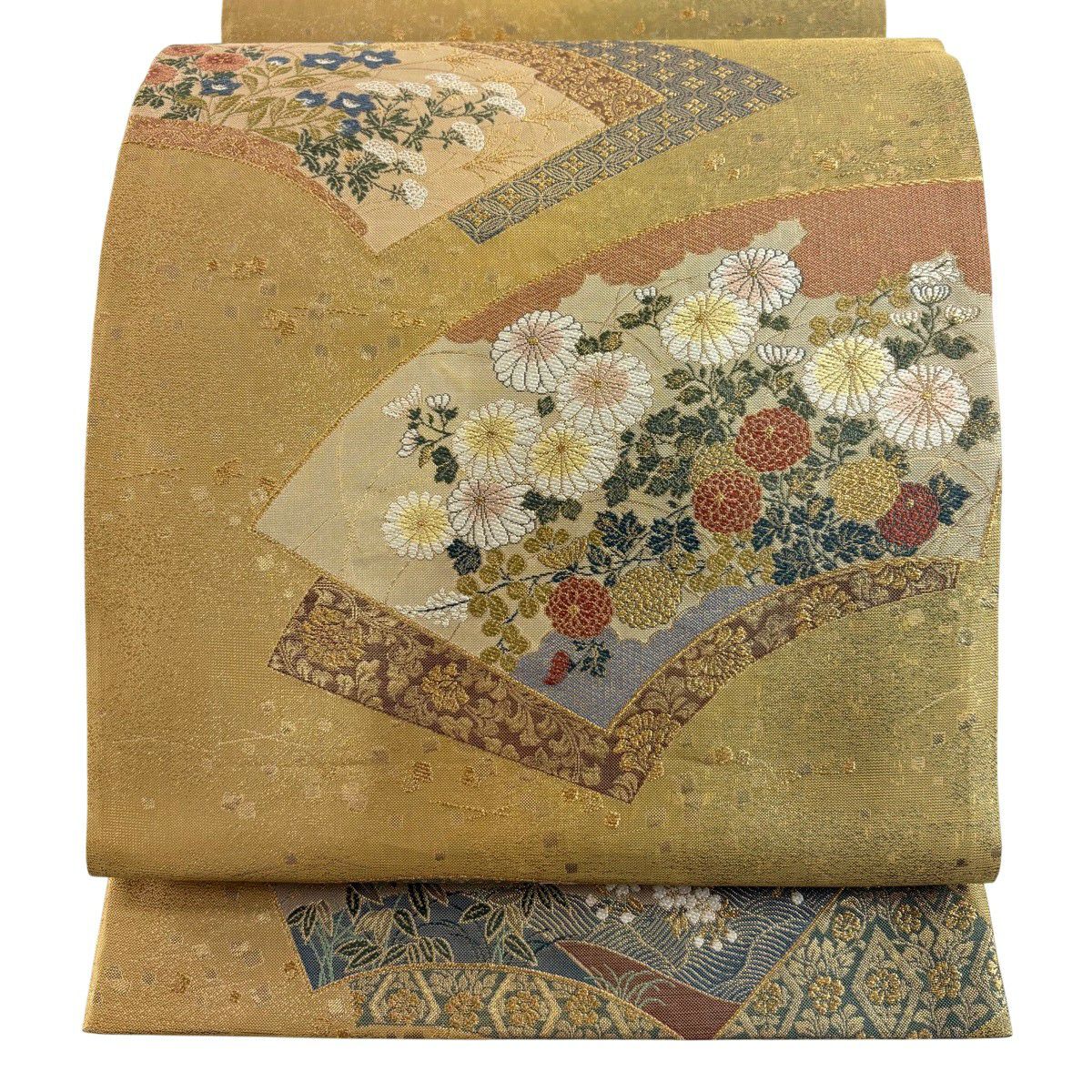 美品】 袋帯 名品 扇面 姫 箔 金糸 金色 お太鼓柄 正絹｜中古・古着