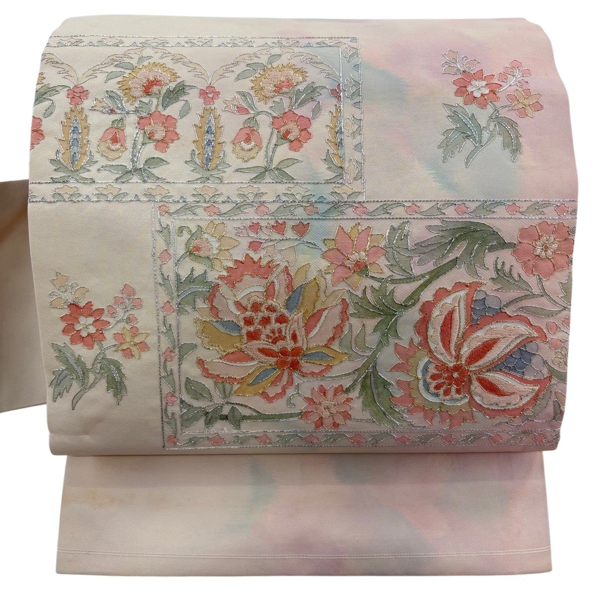 名古屋帯 秀品 草花 金銀糸 ピンクベージュ 正絹｜中古・古着