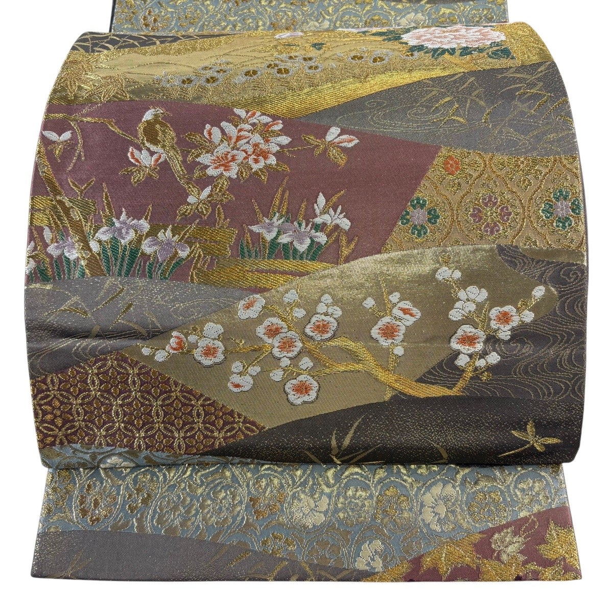美品】 袋帯 秀品 花鳥 華文 金糸 箔 灰紫 六通 正絹｜中古・古着