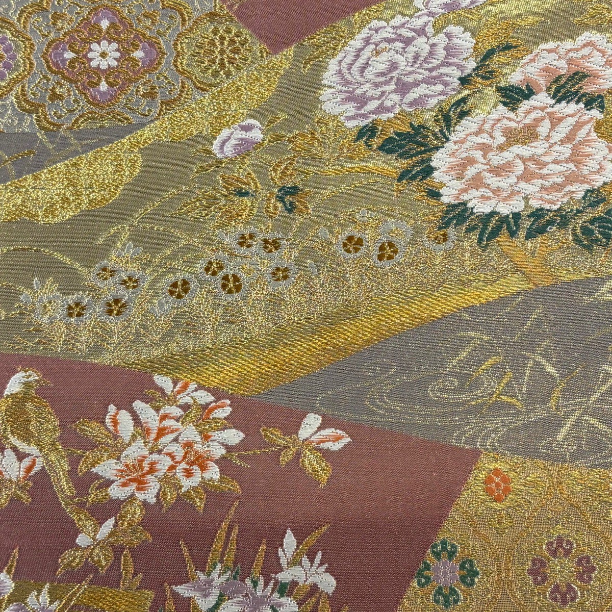 美品】 袋帯 秀品 花鳥 華文 金糸 箔 灰紫 六通 正絹｜中古・古着