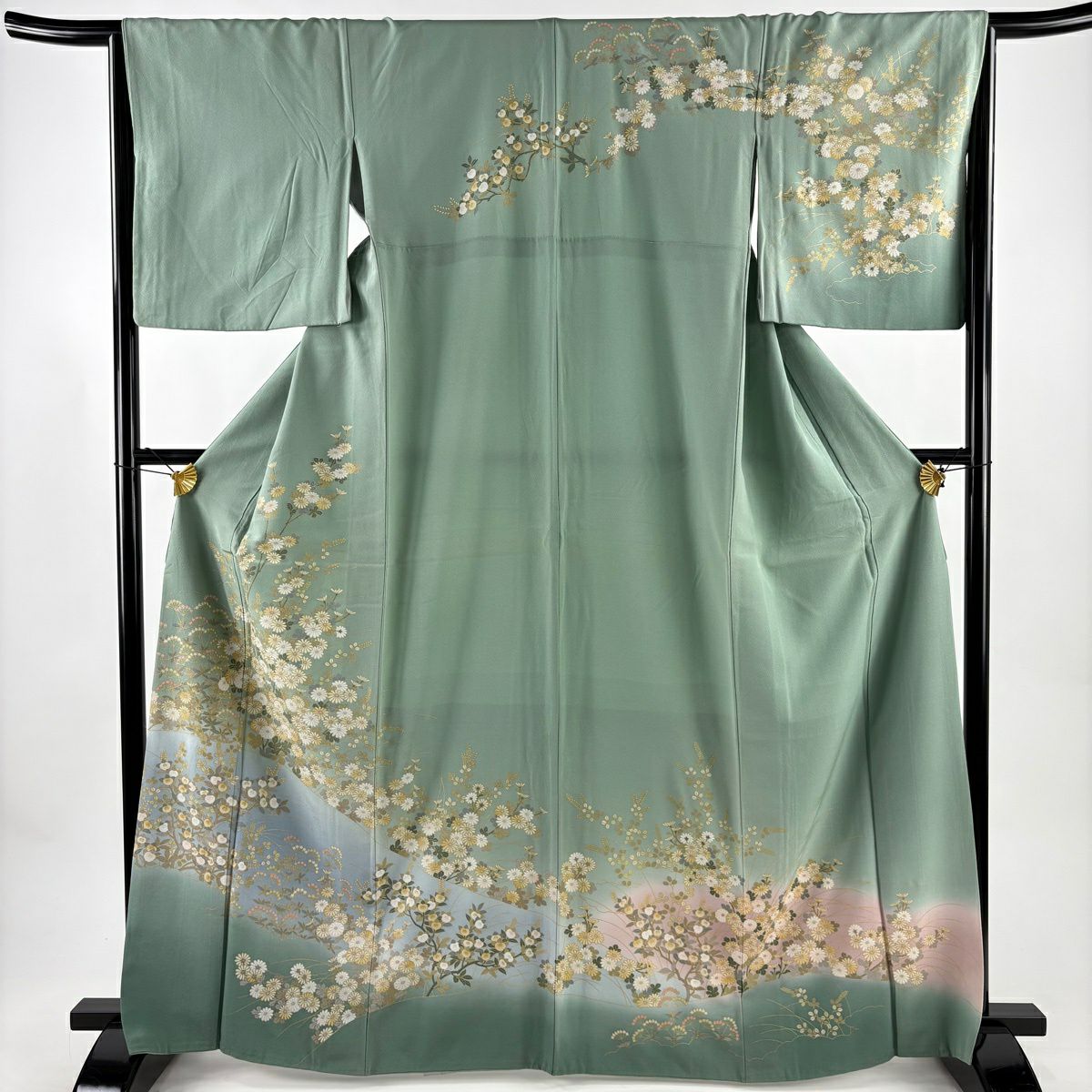 訪問着 身丈163cm 裄丈65cm M 袷 花筏 波 刺繍 金彩 薄緑 正絹 秀品
