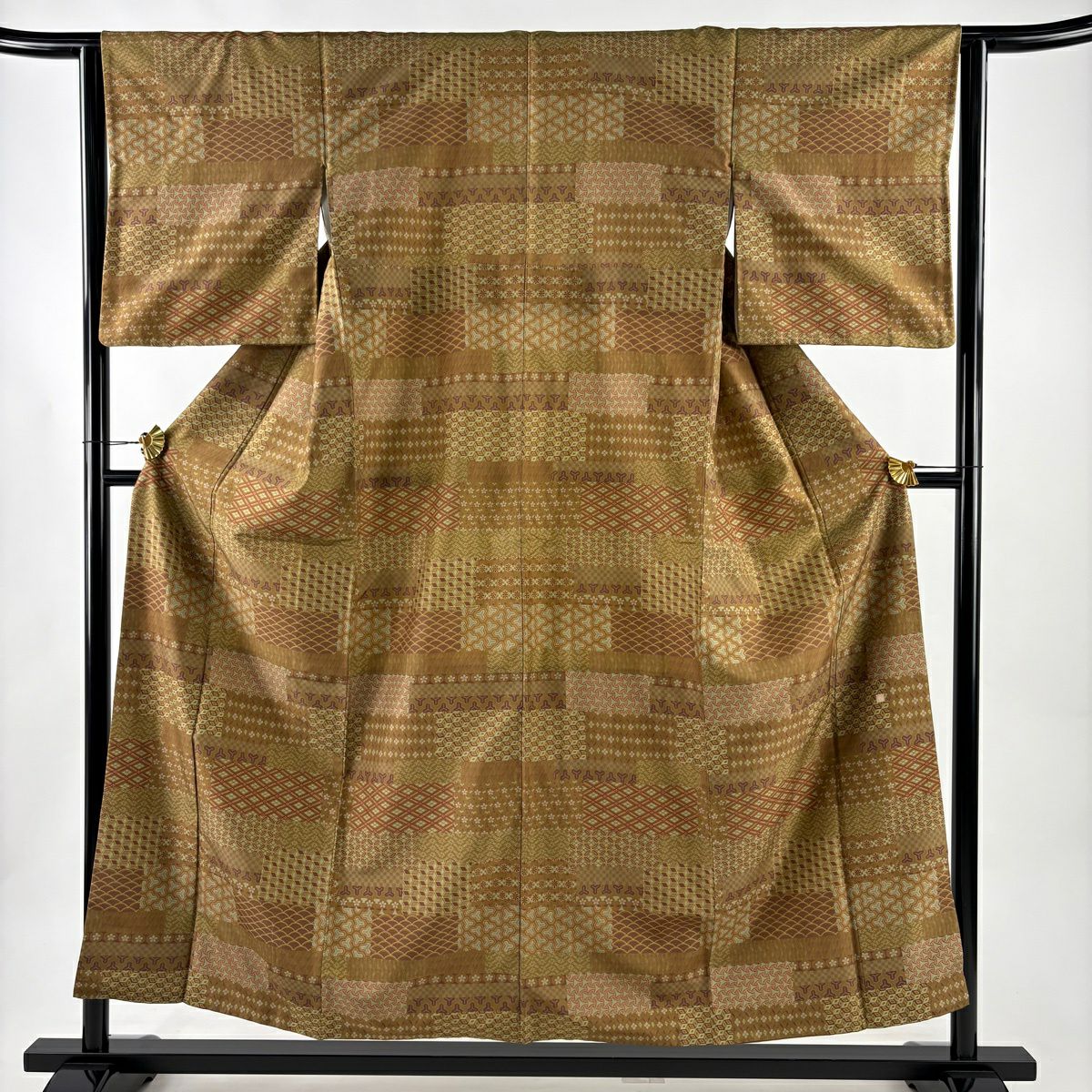 美品】 小紋 身丈163.5cm 裄丈64cm M 袷 紬地 袋帯セット 幾何学模様