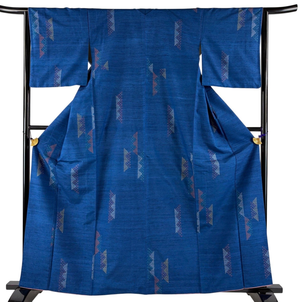 紬 身丈162cm 裄丈63cm S 袷 縦縞模様 幾何学模様 青灰色 正絹 秀品