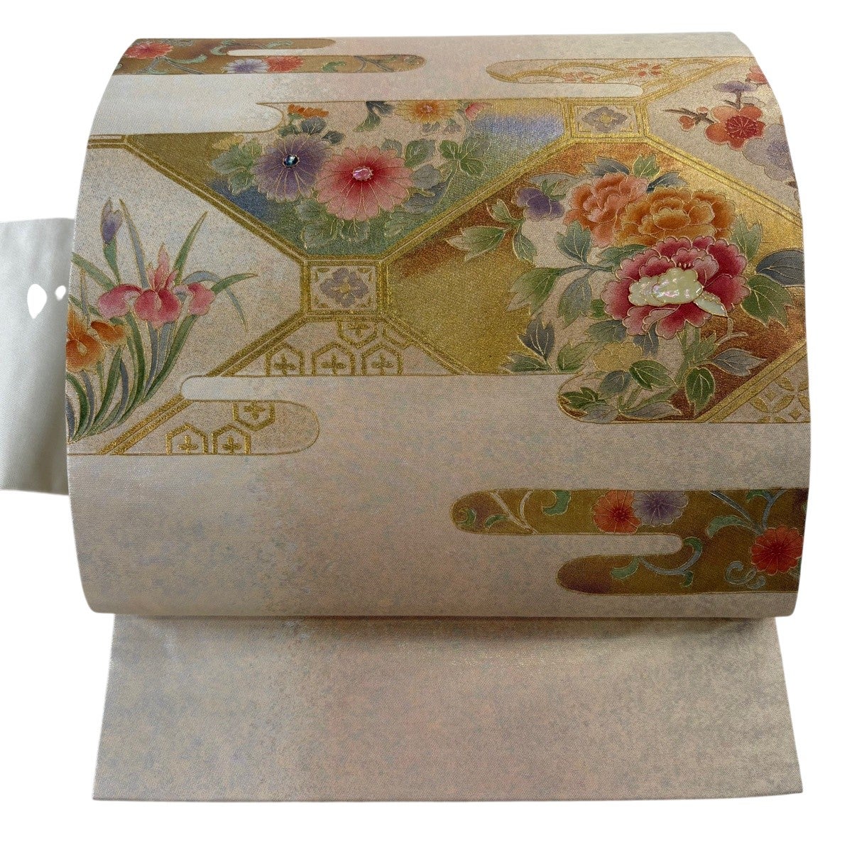 名古屋帯 優品 草花 ヱ霞 金彩 螺鈿 クリーム 正絹｜中古・古着