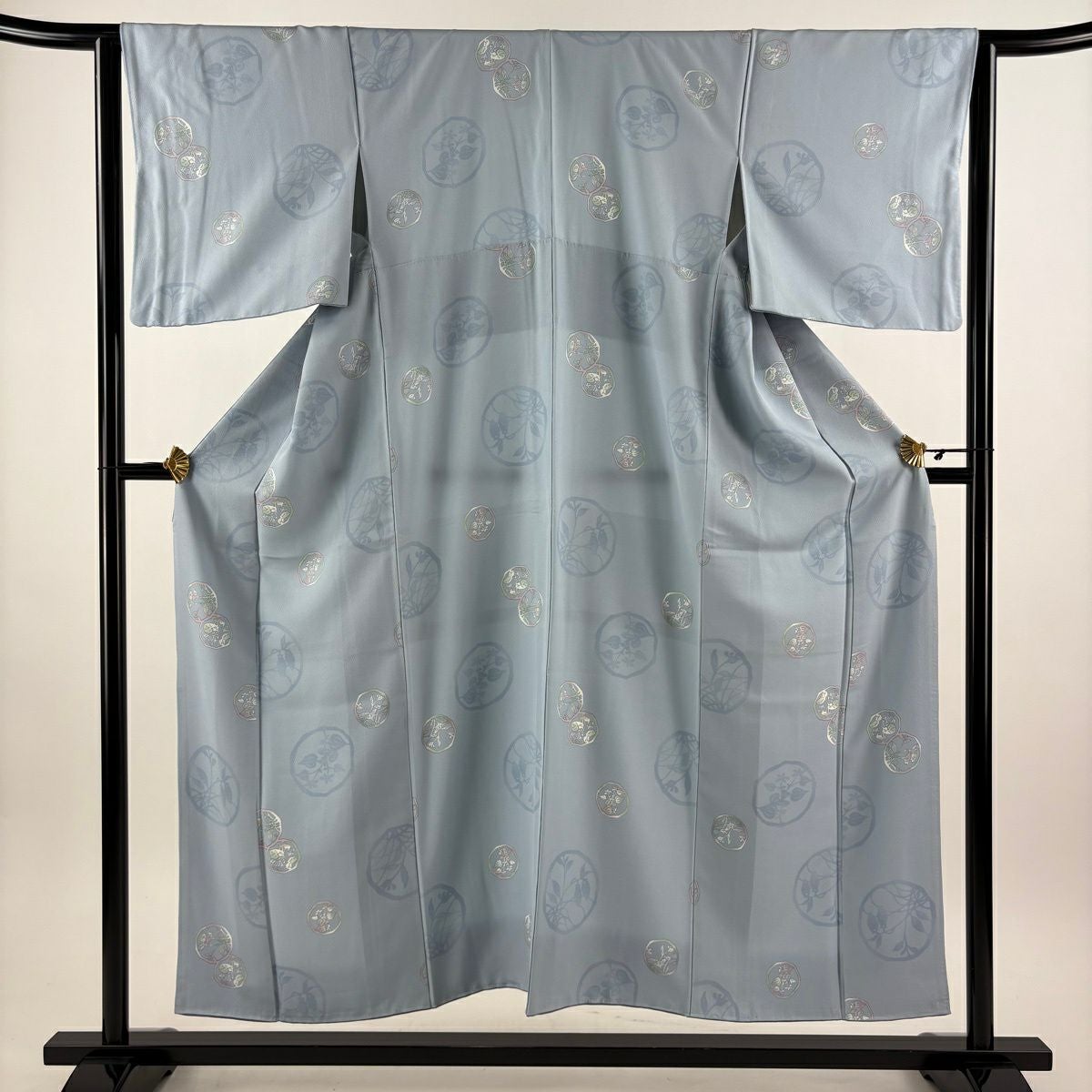 70%OFF 小紋 身丈153cm 裄丈63.5cm S 袷 草花 丸文 水色 正絹 秀品 K70