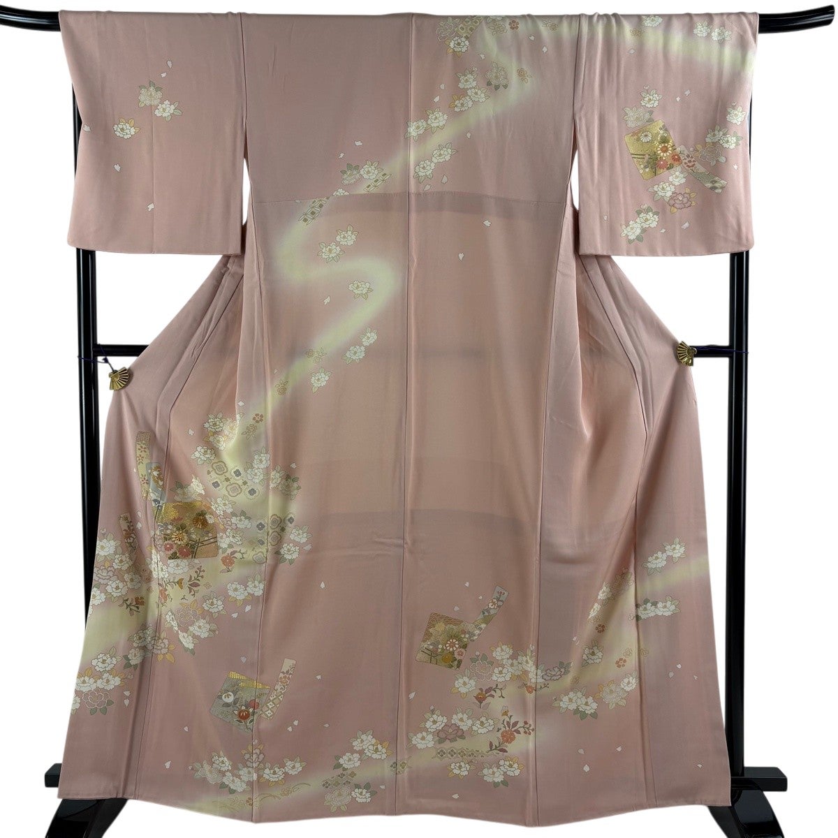 訪問着 身丈166cm 裄丈69.5cm L 袷 鈴乃屋 色紙 草花 金糸 金彩 ピンク