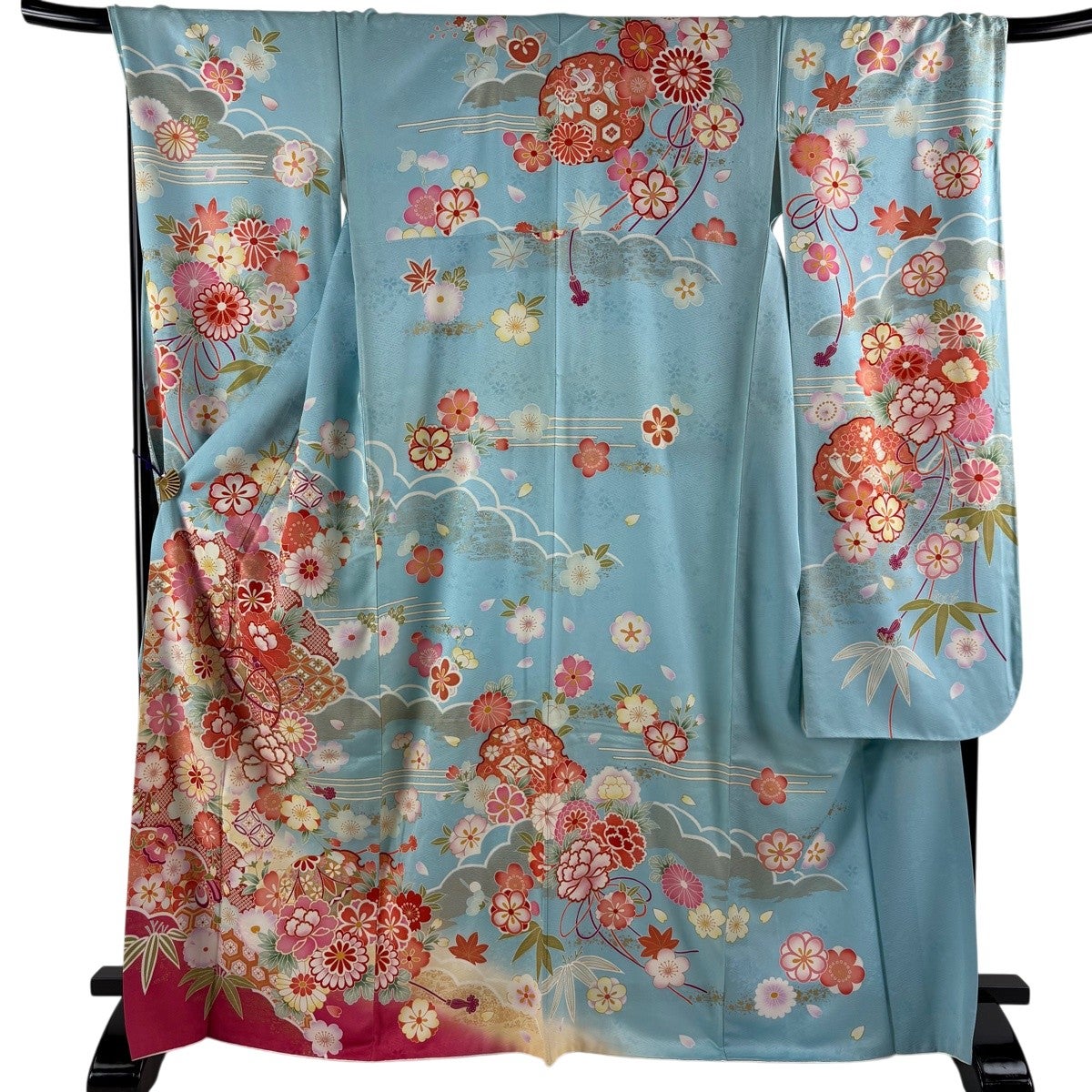 振袖 身丈169.5cm 裄丈69cm 正絹 秀品 【中古】 中古 振袖 正絹 蝶・昆虫柄 袷仕立て 身丈169cm 裄丈69cm 箔 金彩 青