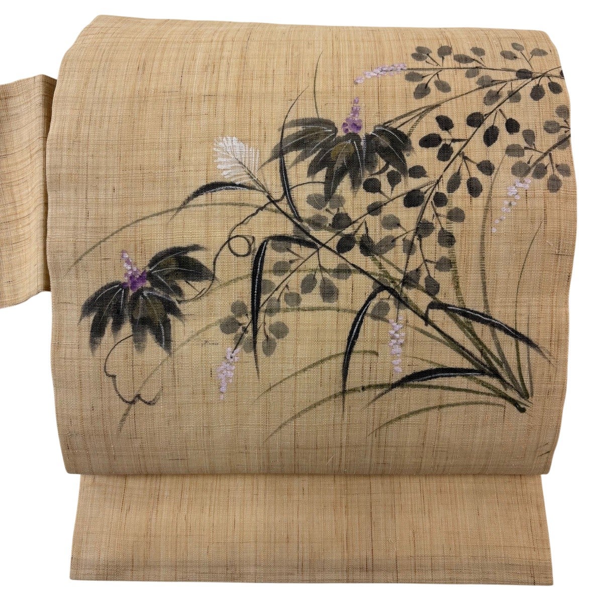 名古屋帯 名品 麻 【中古】 夏物 名古屋帯 九寸 麻 本麻 リサイクル 作家物 雅光 手描き 生成り色