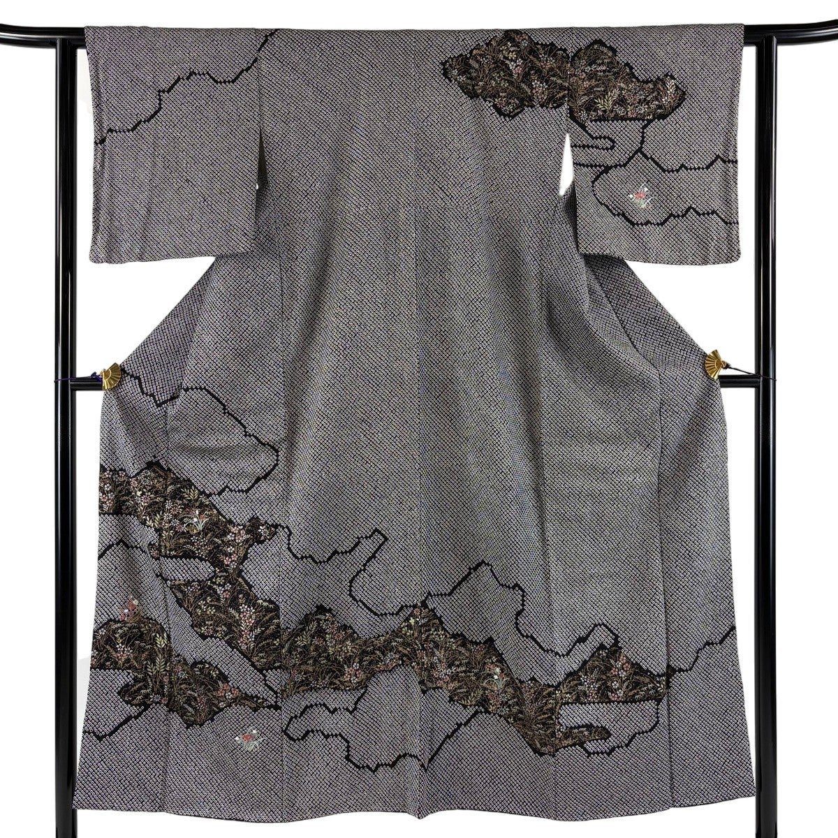 訪問着 身丈156cm 裄丈63cm S 袷 草花 青海波 絞り 灰紫 正絹 秀品