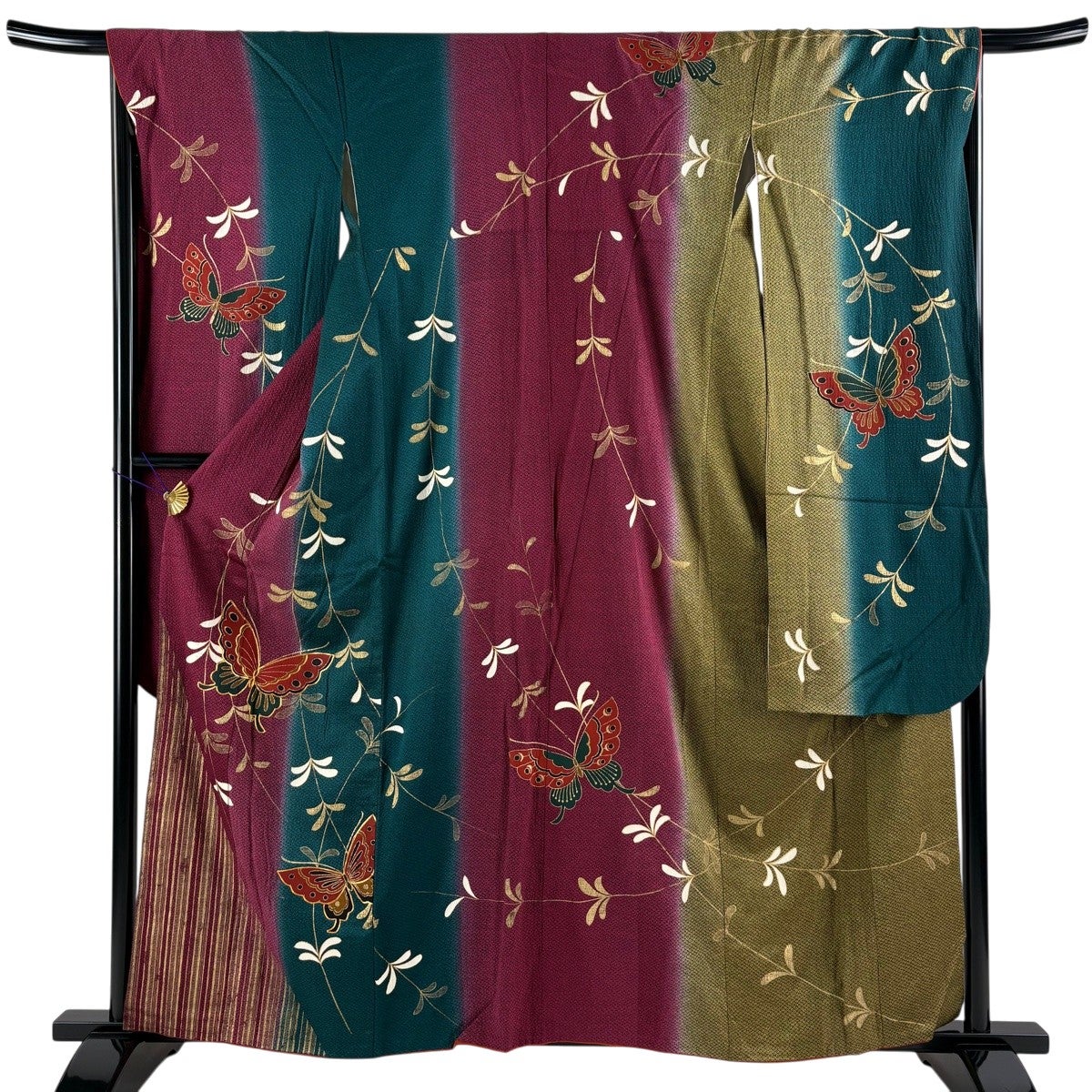 美品】 振袖 身丈157cm 裄丈64cm M 袷 桜 蝶 金糸 金彩 赤紫 正絹 秀品