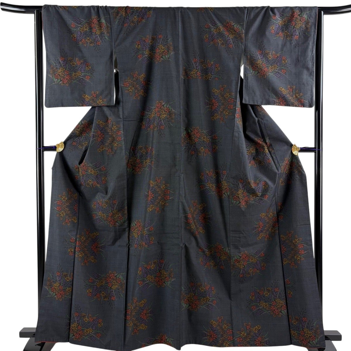紬 身丈165cm 裄丈67cm M 袷 草花 焦茶色 正絹 秀品｜中古・古着