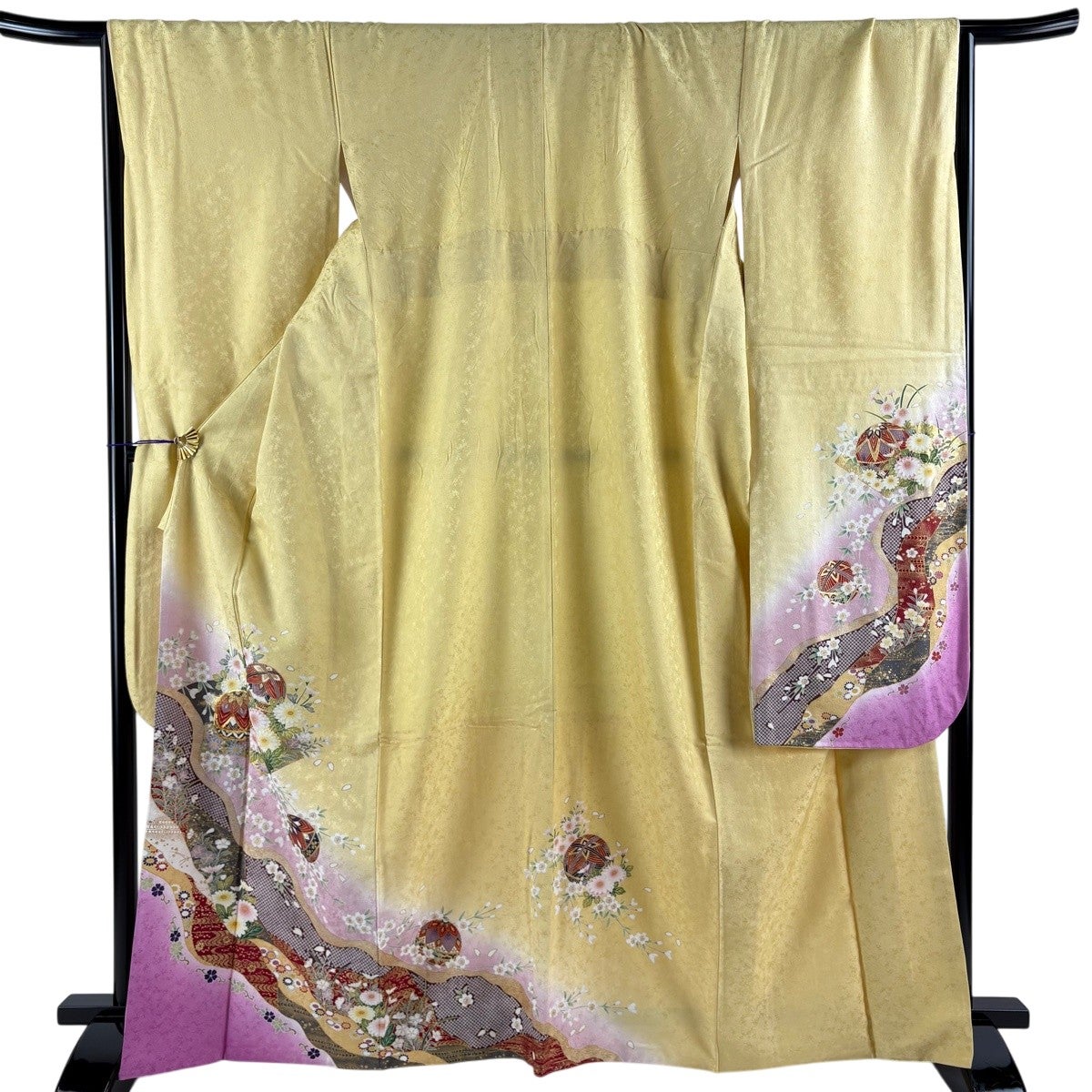 振袖 身丈163cm 裄丈65cm M 袷 笠松 草花 刺繍 絞り 緑 正絹 名品
