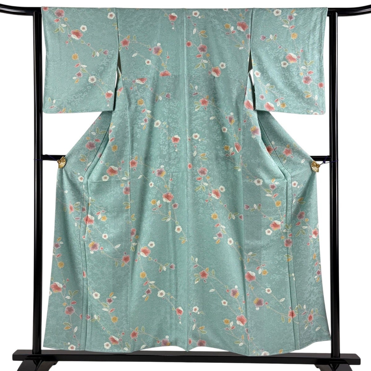 小紋 身丈161cm 裄丈64cm M 袷 桜 地紋 金彩 薄緑 正絹 秀品｜中古