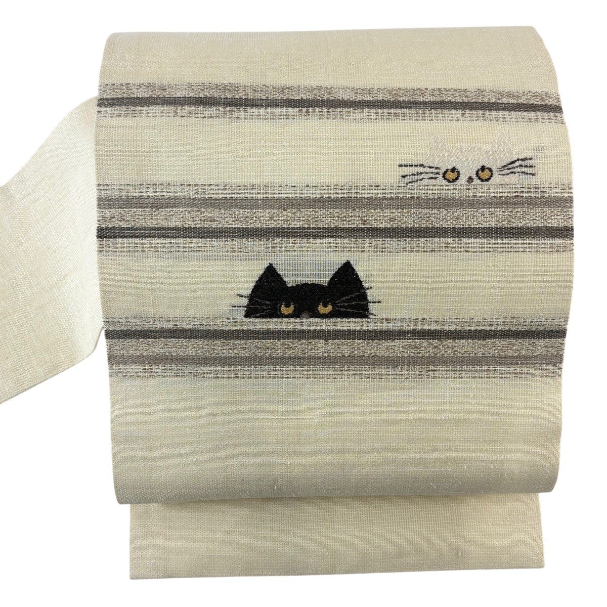 40%OFF 【美品】 名古屋帯 逸品 紬地 猫 縞 金糸 クリーム 正絹 K30
