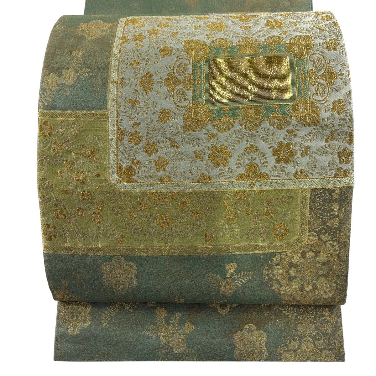 30%OFF 【美品】 袋帯 秀品 向かい鳥 段縞 金糸 灰緑 お太鼓柄 正絹