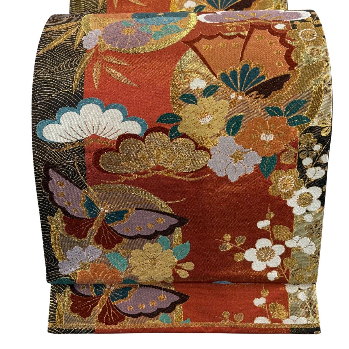 美品】 袋帯 名品 桜 笠松 唐織 箔 えんじ色 六通 正絹｜中古・古着