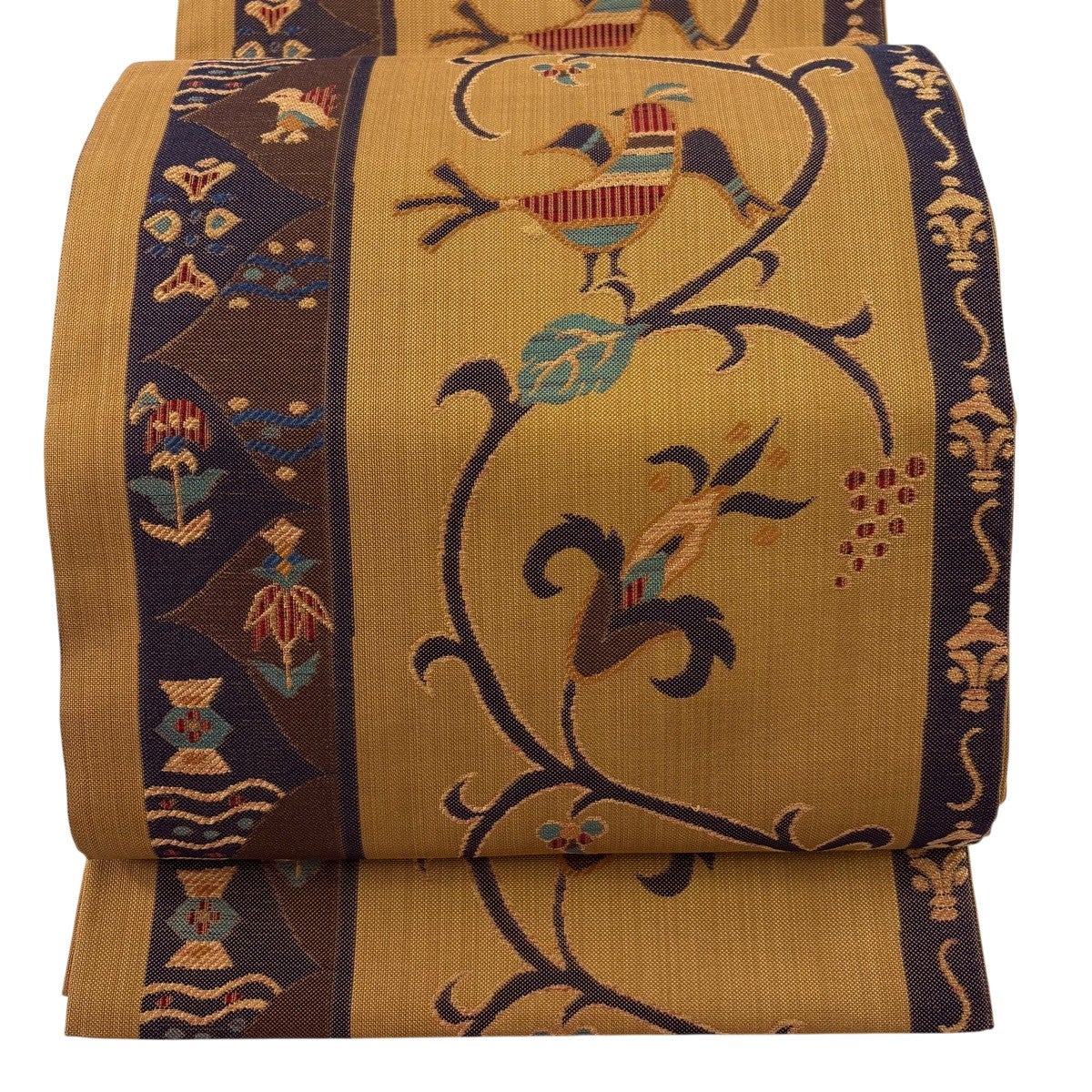 袋帯 秀品 鈴乃屋 鳥 花唐草 山吹茶色 六通 正絹｜中古・古着