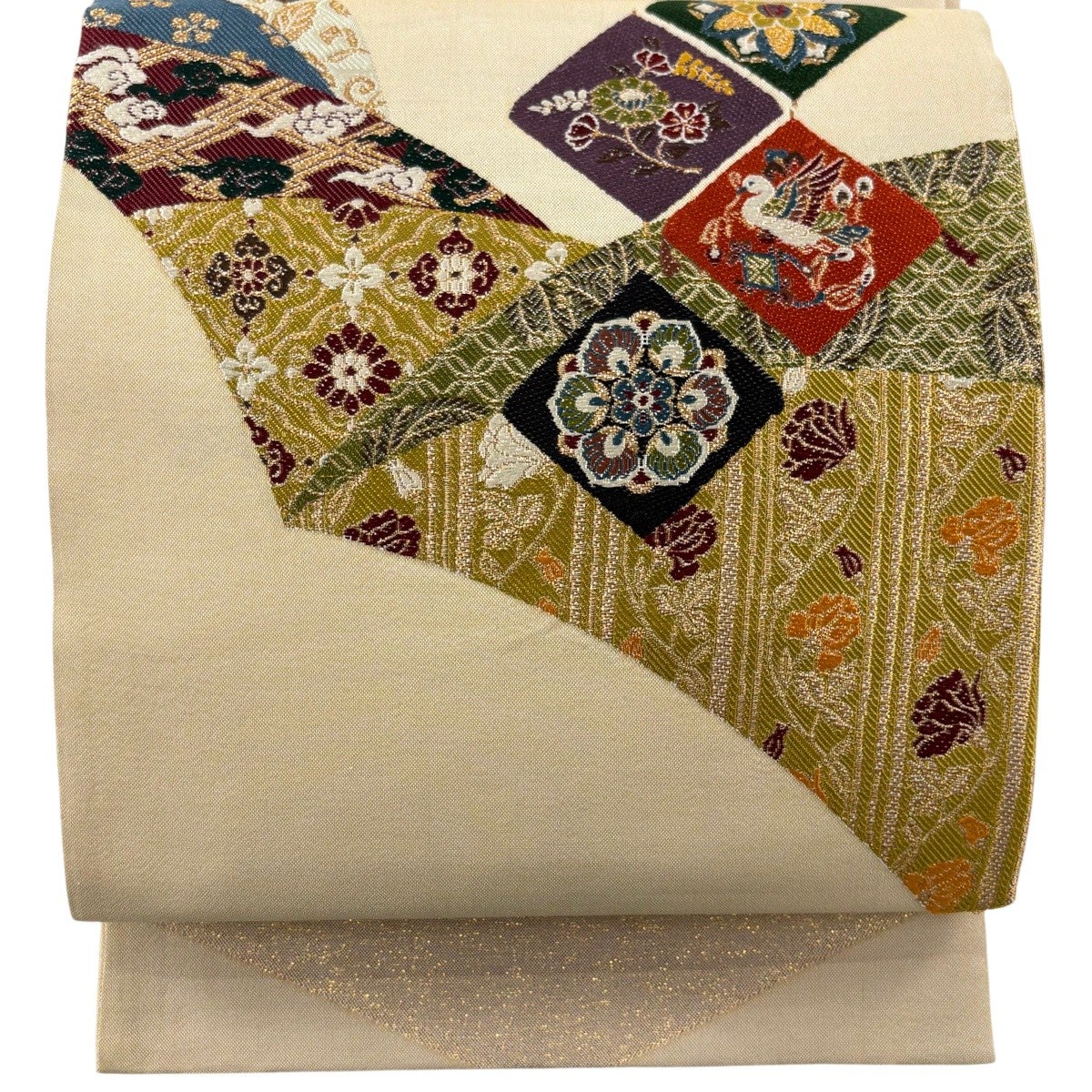 袋帯 秀品 華文 花喰鳥 金糸 箔 ベージュ お太鼓柄 正絹｜中古・古着