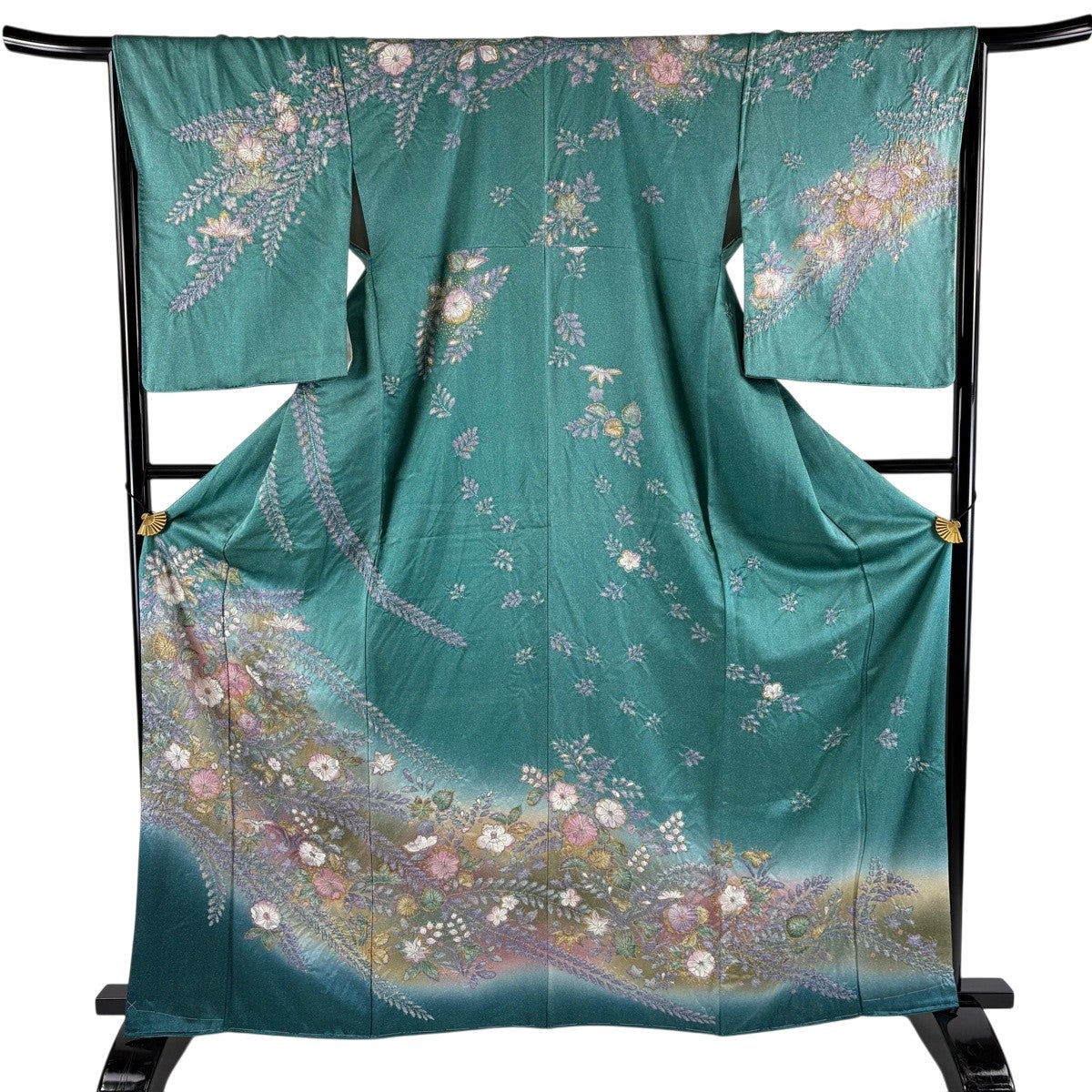 裄６８ｃｍ　きれい色の【辻が花】　希少な【トールサイズ】　美品の訪問着です 訪問着 身丈164cm 裄丈68cm L 袷 辻が花 波 金彩 染め分け よもぎ色