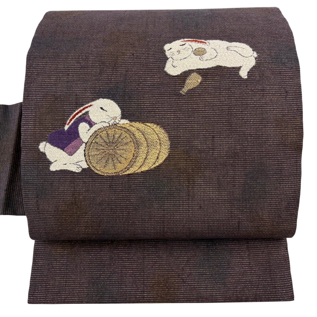 美品】 名古屋帯 逸品 うさぎと徳利 杵 箔 茶紫 正絹｜中古・古着