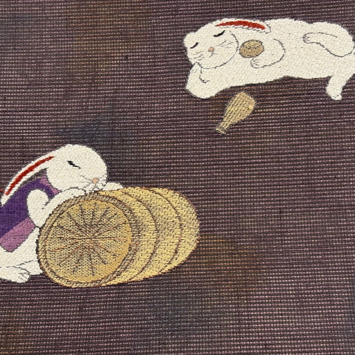 美品】 名古屋帯 逸品 うさぎと徳利 杵 箔 茶紫 正絹｜中古・古着