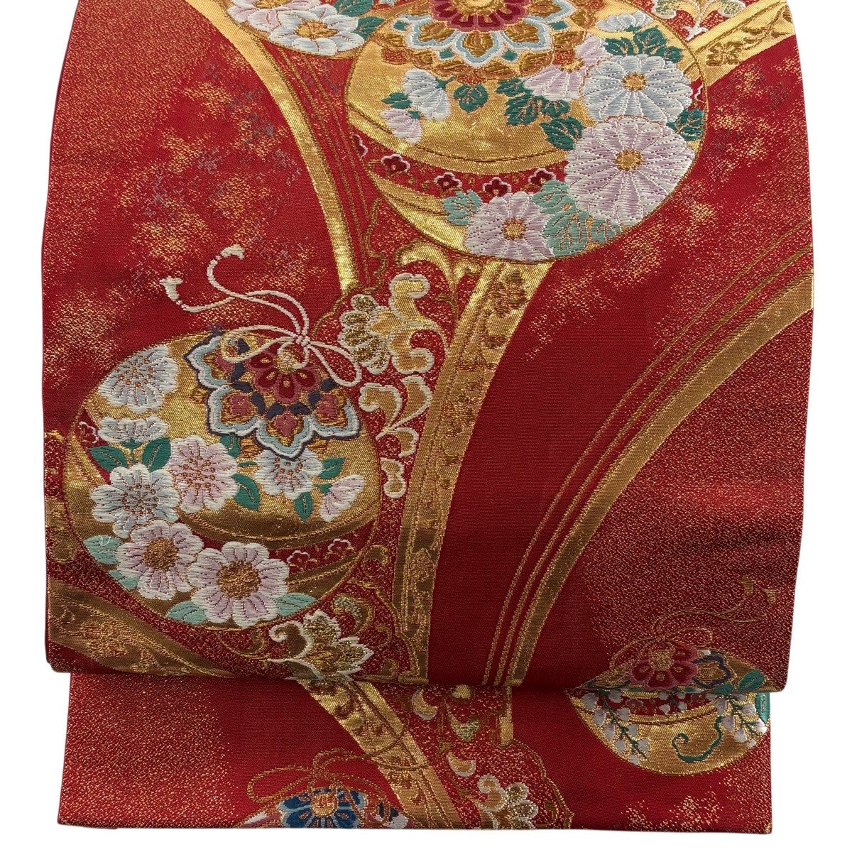袋帯 秀品 七宝 花唐草 金糸 箔 赤 六通 正絹｜中古・古着・リサイクル