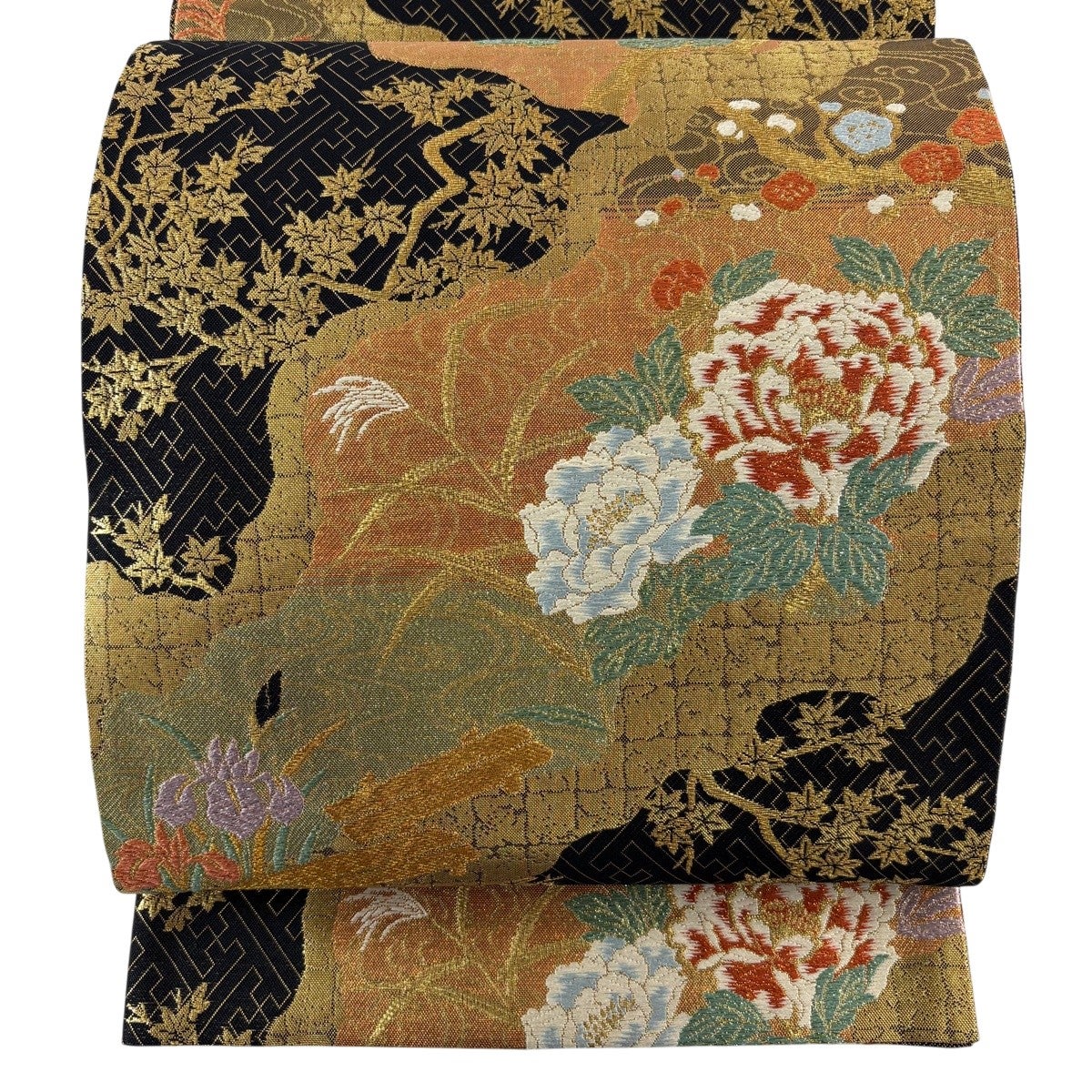 袋帯 秀品 草花 箔 螺鈿箔 金色 お太鼓柄 正絹｜中古・古着