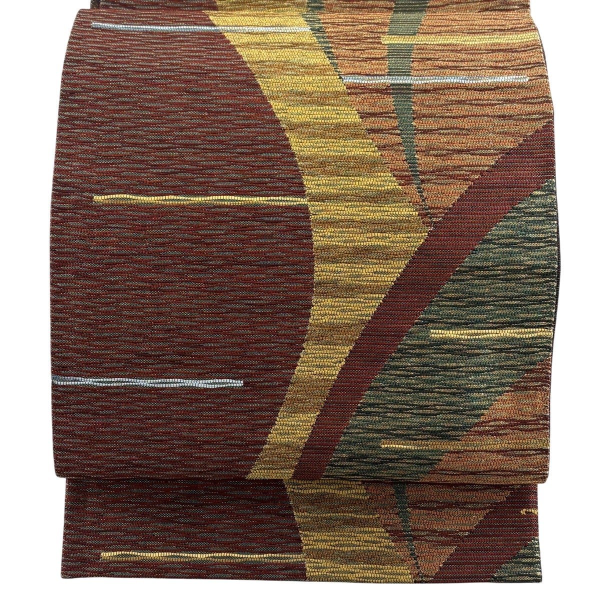 【美品】 名古屋帯 秀品 正絹 【中古】 美品】 名古屋帯 秀品 八寸名古屋帯 幾何学 金糸 赤茶 正絹｜中古