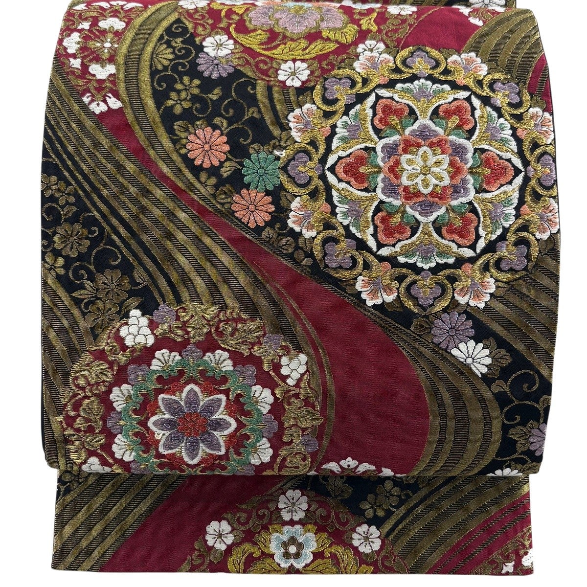 美品】 袋帯 秀品 蝶 桜 金糸 箔 えんじ色 六通 正絹｜中古・古着