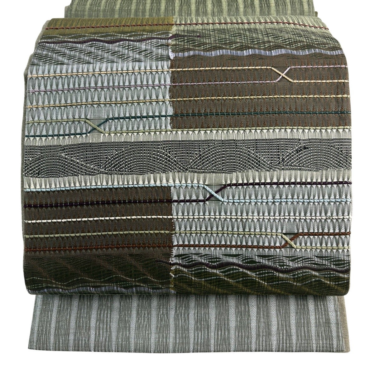 美品】 袋帯 秀品 幾何学模様 箔 茶緑色 お太鼓柄 正絹｜中古・古着