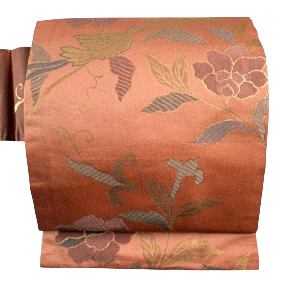 名古屋帯 源氏鳥に花柄 鳥 雪輪 茶色 長尺 O-4613 袋帯 本金二重箔 扇面花鳥 文六通柄 良品 フォーマル用 正絹 古典柄 箔