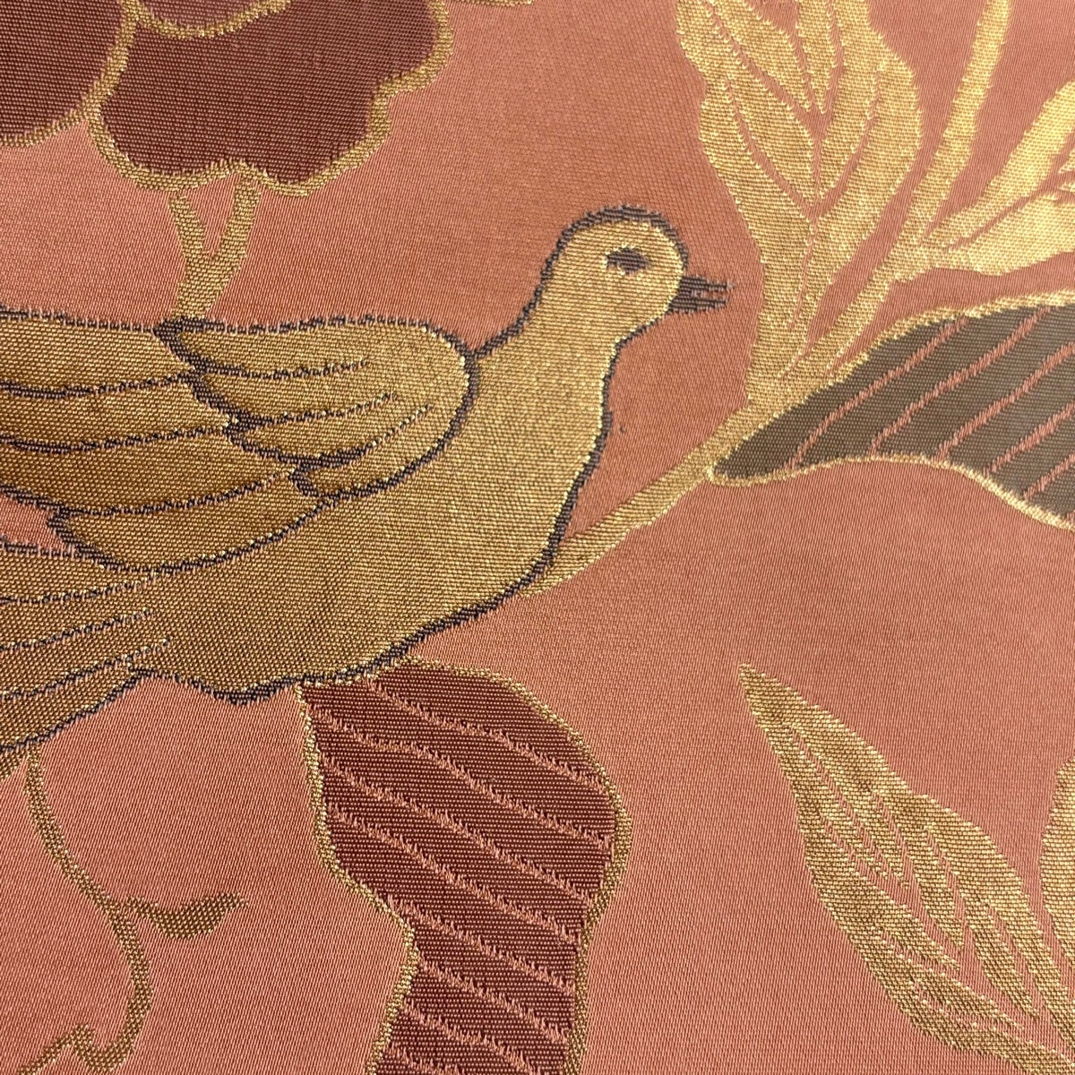 名古屋帯　新品未仕立て　博多紋織り　サーモンピンク　茶　カラシ　青　花　L102 kimonojyuan_1135